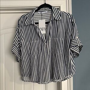 Zara Navy and White Striped Blouse